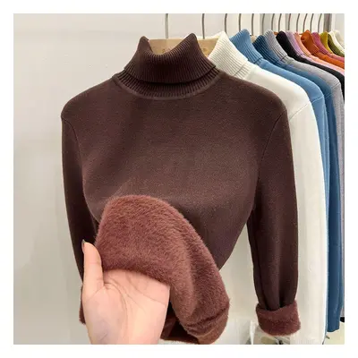 Vrouwen dikke coltrui Koreaanse mode gevoerde warme gebreide onderkant shirt slanke tops winter breigoed casual trui L koffie