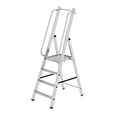 Munk platformladder, 4 treden, aluminium, stevige rechthoekige buisbomen, groot platform, voorgemonteerde leuningen, antislip la